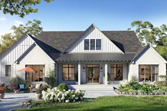 american country farmhouse,gable roof,night render,outdoor,potager garden design