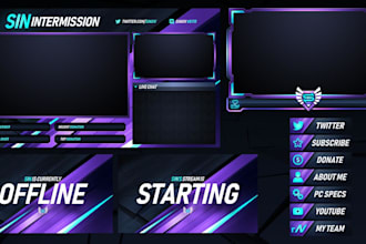 design animated twitch stream overlay, twitch logo, panels, screens, alerts