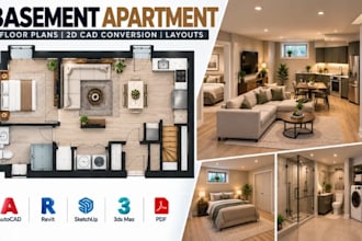 create basement apartment floor plans, 2d cad conversion layouts