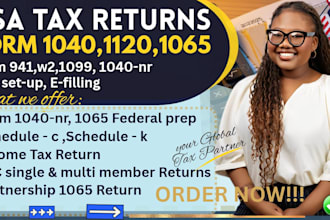 prepare and file 1040 tax return, 1040nr, schedule c, itin w7 for non resident