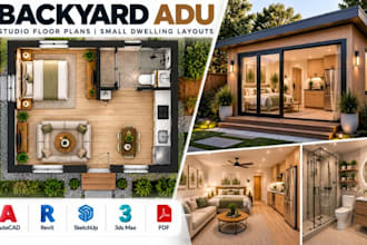 create backyard adu studio floor plans, smal dwelling layouts