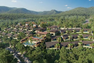 buildup 3d hillside villa,eco resort design,rooftop garden,aerial view,amenities