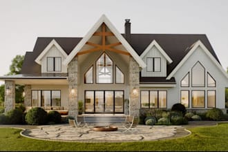 highend farmhouse exterior render,aesthetics bedroom design,cgi indoor fireplace