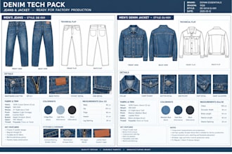 design denim tech packs for jeans and jackets ready for factory production
