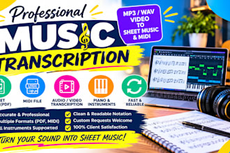 trancribe music to sheet to guitar tab piano sheet and midi files