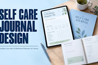 design self care journal, self love journal and guided wellness planner in canva