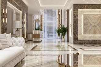highend3d penthouse suite,luxury lobby reception,indoor render,accent wall,foyer
