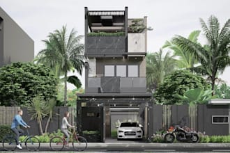 revamp 3d modern townhouse elevation design,  rooftop pergola, balcony rendering