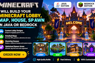 build minecraft lobby, map, house, spawn in java or bedrock
