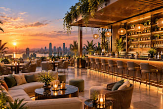 create modern cafe lounge rooftop bar interior cgi rendering