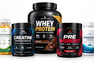 design labels for vitamins, protein powder, creatine, pre workout and capsules