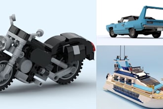design 3d lego set, car, bike, minifigure, house with pdf instructions