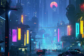 design a futuristic megacity with neon lights
