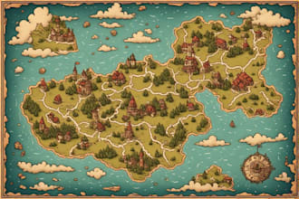 draw fantasy map illustration in vintage storybook style