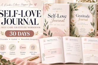 create 30 days self love, self care, gratitude journal printable workbook