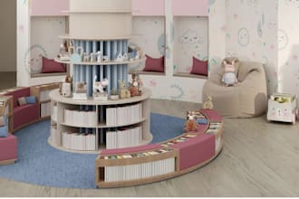 aesthetic kids preschool interior,library 3d space,kids learning room layout,cgi