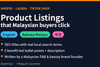 write shopee, lazada and tiktok shop listings in english, malay and chinese