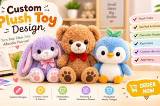 create custom plushie designs, stuffed animals and soft toys
