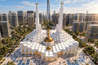 create photorealistic design 3d church, mosque, synagogue and shul architecture