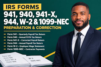 prepare and correct irs payroll tax forms 941, 940, 941x, 944, w2 and 1099nec