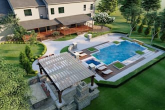renovate 3d outdoor resort pool,cgi landacape,pavilion layout render,garden skp