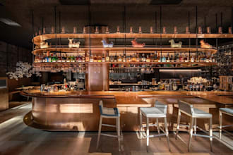 create restaurant interior design, commercial wine bar render,3d moody lighting