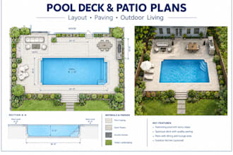 draw swimming pool renovation, deck, patio, outdoor kitchen remodeling plans