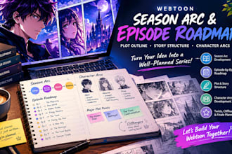 create a compelling webtoon season arc, episode roadmap and plot outline