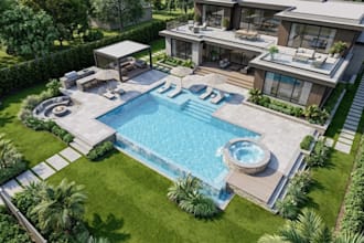 design swimming pool backyard spa pool patio deck terrace 3d landscape rendering