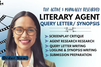 critique screenplay, find active literary agents, prepare query letter, synopsis