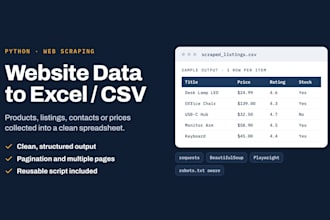 do python web scraping, data extraction and website scraping to excel or csv