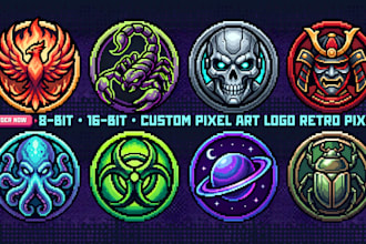 design custom pixel art logo for your game, brand, retro gaming channel
