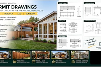 draw fence permit drawings,  pergola, adu permit, sunroom addition permit plans