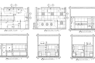 do kitchen layout, shop drawings, floor plan and elevations, cabinets, vanity