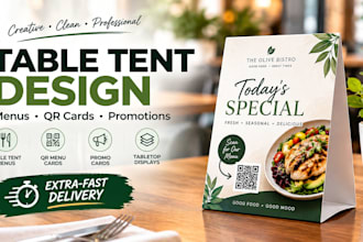 design table tent menus, tabletop displays, catering, qr menu card, promo card
