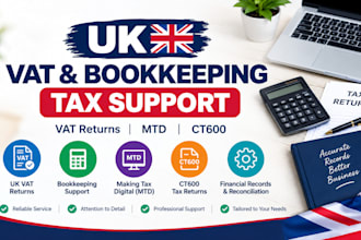assist with UK vat returns, bookkeeping, mtd and ct600 tax returns