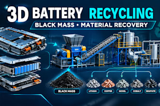 create 3d lithium ion, ev battery recycling plant, black mass recovery animation