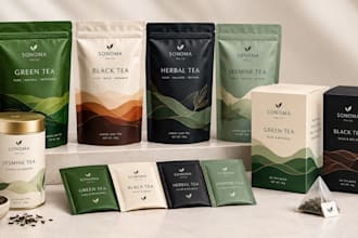 design tea packaging for pouches, labels, boxes and  sachets with modern style