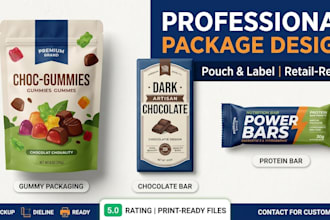 design food pouch packaging, chocolate bar, gummies, and label design