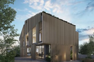 remodel luxury villa building,vertical batten cladding,rooftop garden,revit home