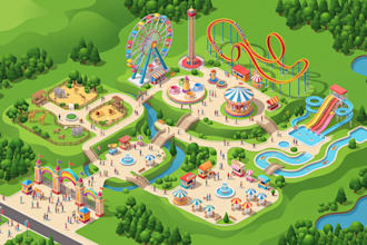 design custom theme park map, zoo map, amusement park and attraction map