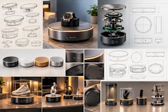 design a motorized rotating display stand with 3d cad and tech pack