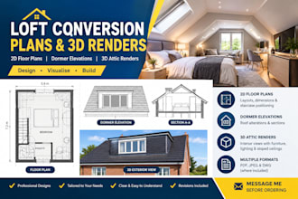design loft conversion plan with 3d attic renders, dormer and floor plans layout
