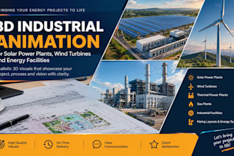 create 3d animation for solar power plant, wind turbines and energy facilities