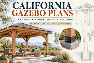 do patio, gazebo engineering plans with roof connections and footing design