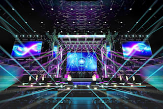 create 3d event stage design with realistic stage lighting, led screen