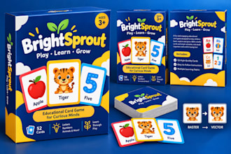 design educational card game, toy packaging, blister card, window box kids label