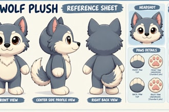 design a cute kawaii plushie toy labubu mascot and plush reference sheet