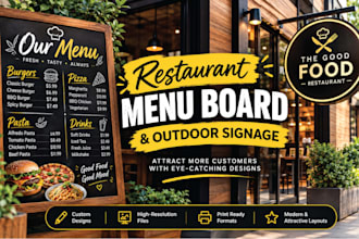 design a professional restaurant menu board and outdoor signage