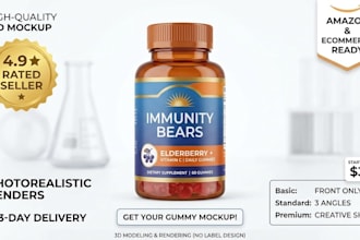 create photorealistic 3d gummy bottle mockup for amazon product packaging